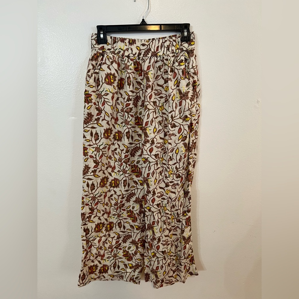 Rachel Zoe Cream Floral Linen Pants with Brown and Yellow Accents
